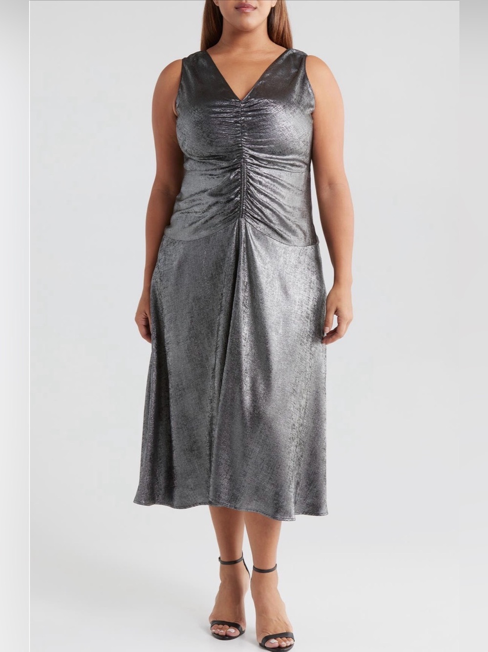 MELLODAY | Metallic Silver V-Neck Ruched Midi‎ Dress 2X